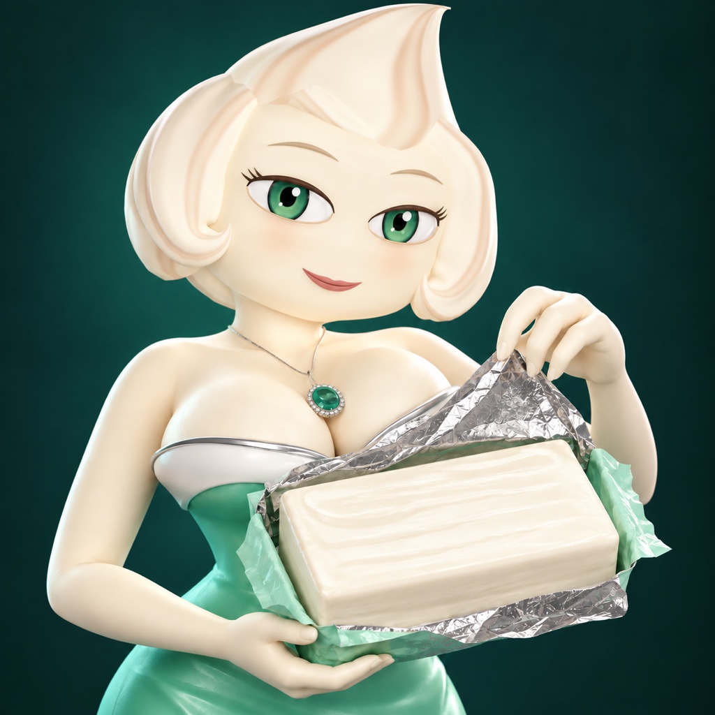 The cream-haired Cream Cheese × Phone character holds a block of cream cheese in its silver wrapper.