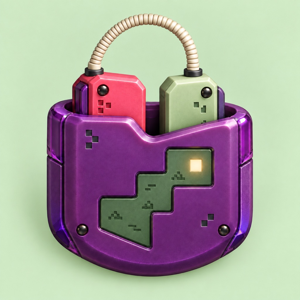 Red and green cartridges linked by a cable inside a translucent purple pocket.
