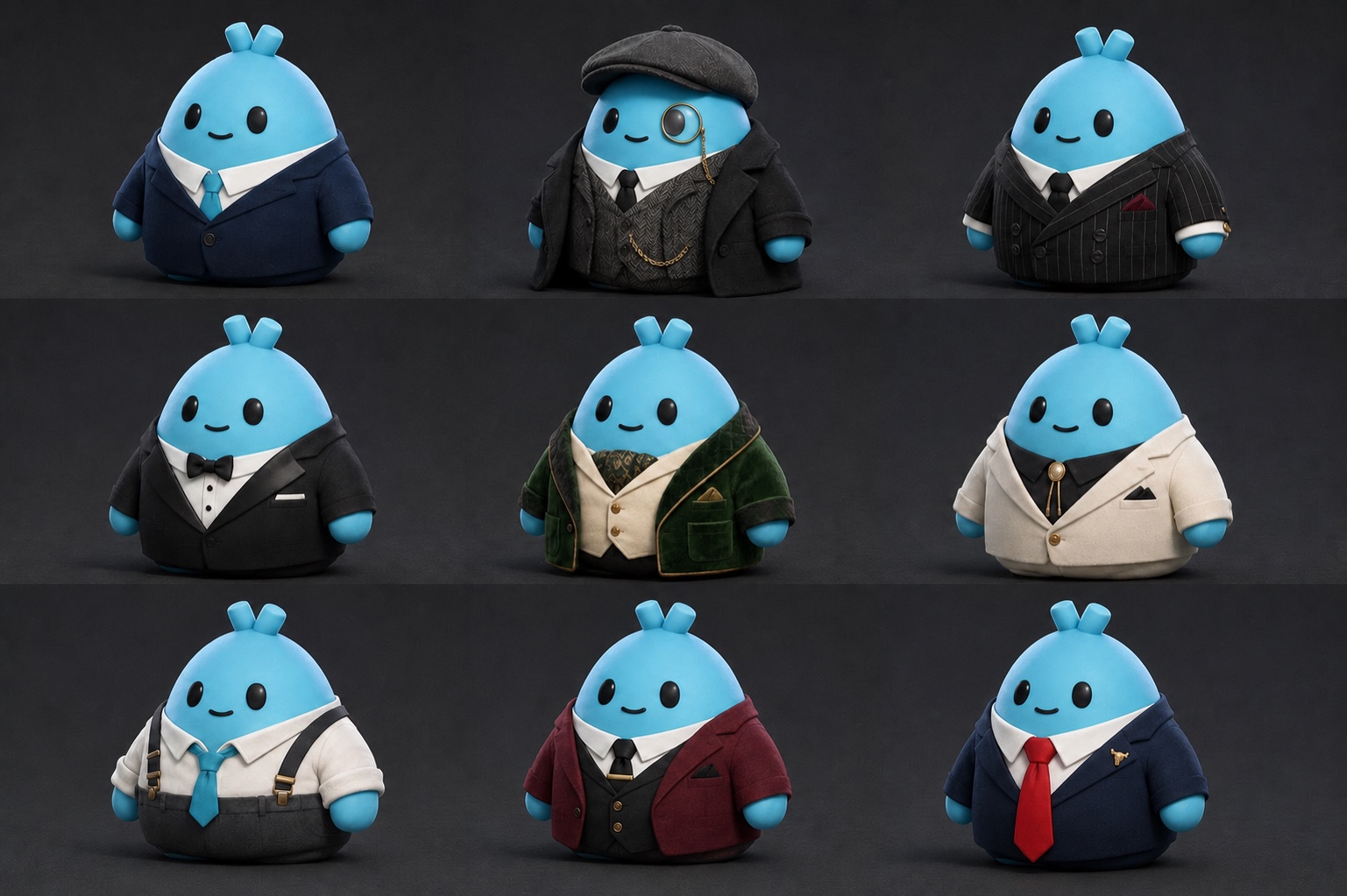 Nine Wumbos with the approved default twin-tab head shape wearing distinct tailored outfits.