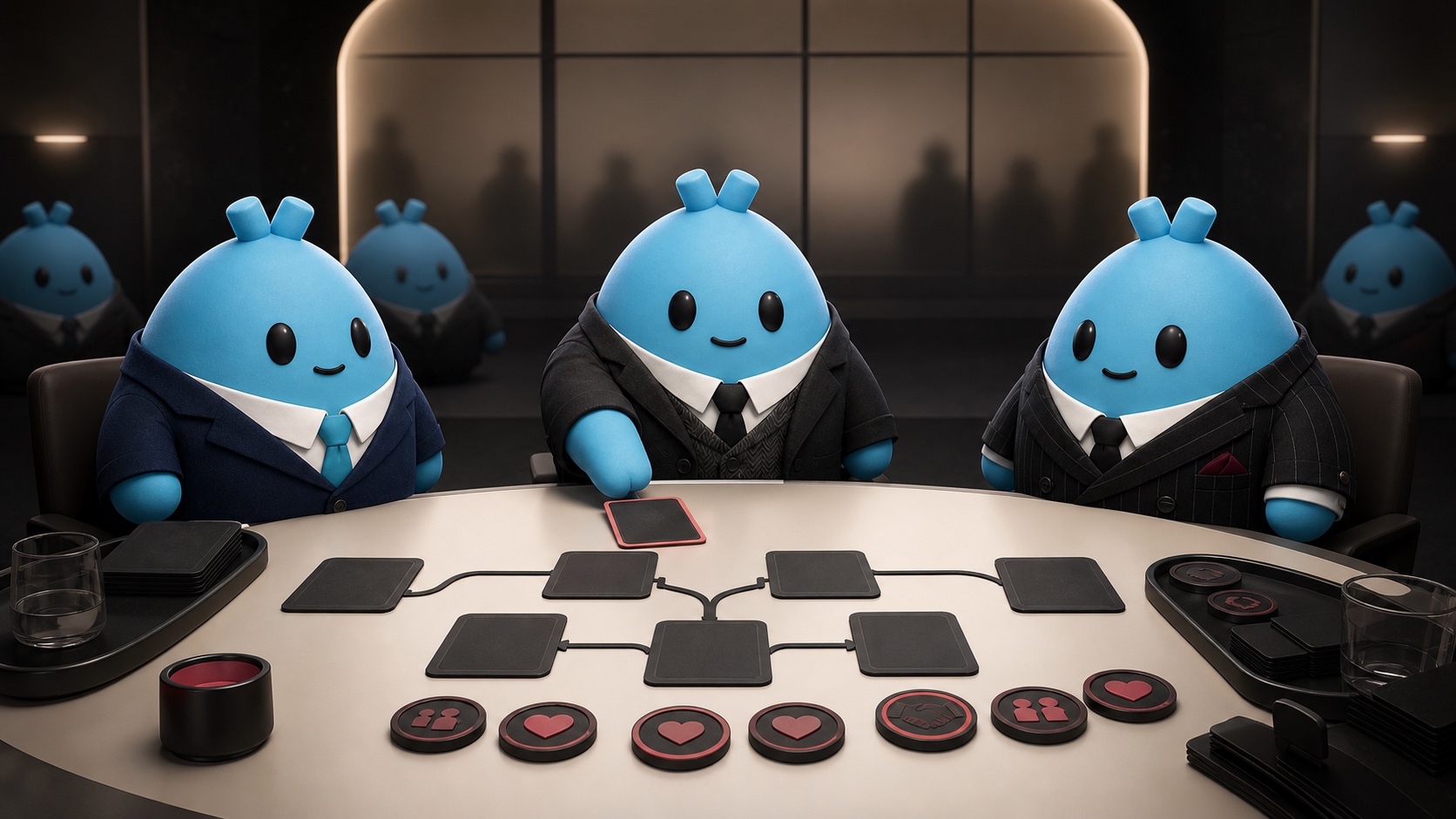 Three Wumbos negotiating around branching event cards and relationship tokens.