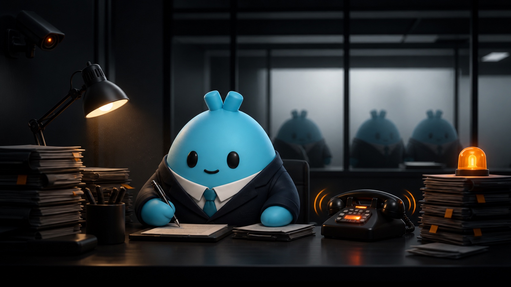 A Wumbo working late under rising scrutiny, warning lights, and Office Heat.