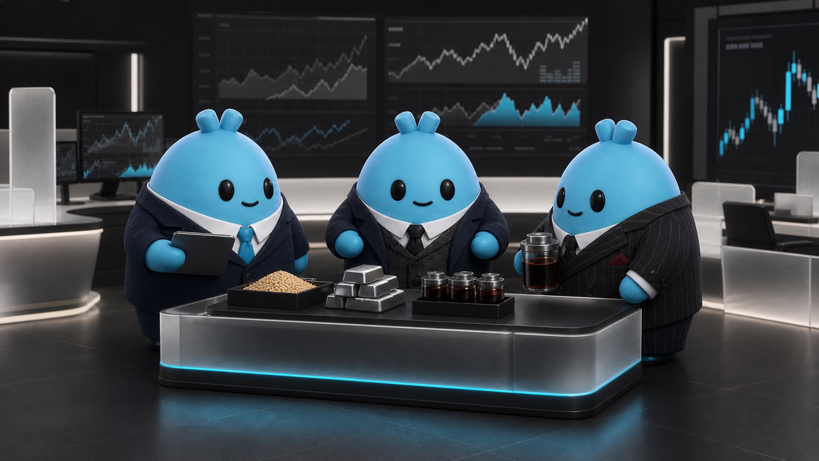Three Wumbos trading grain, metal, and liquid commodities at a market terminal.