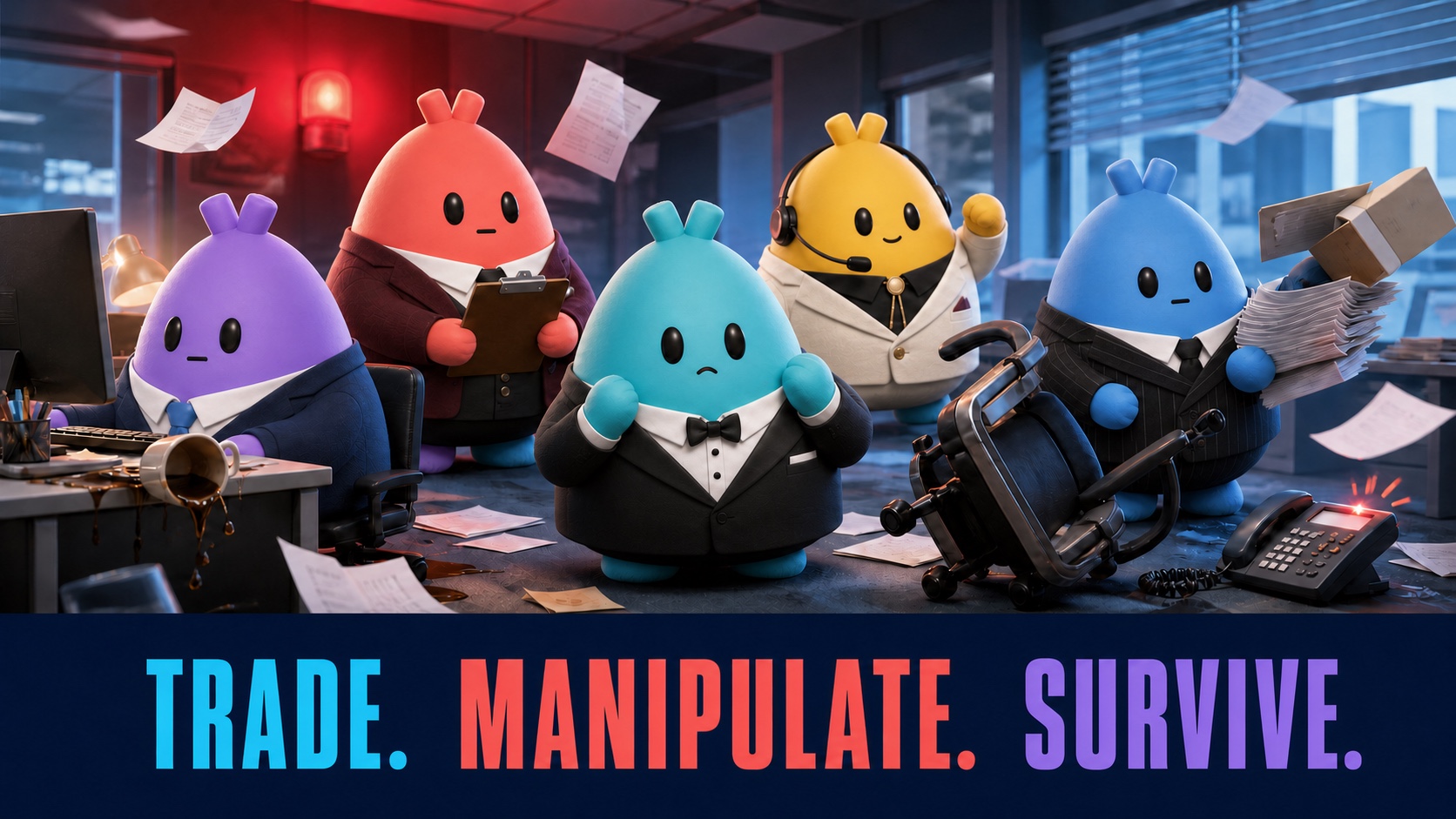 Five Wumbos in office attire surrounded by flying paperwork, warning lights, and corporate chaos.